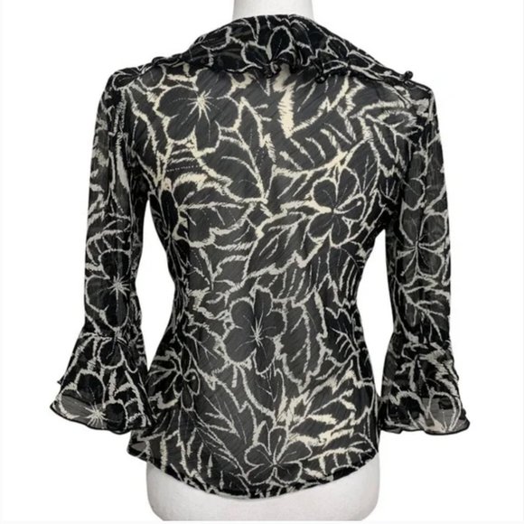 VERSATILE THREAD / Black & Cream Sheer Ruffle Front Tie Blouse - Picture 4 of 11